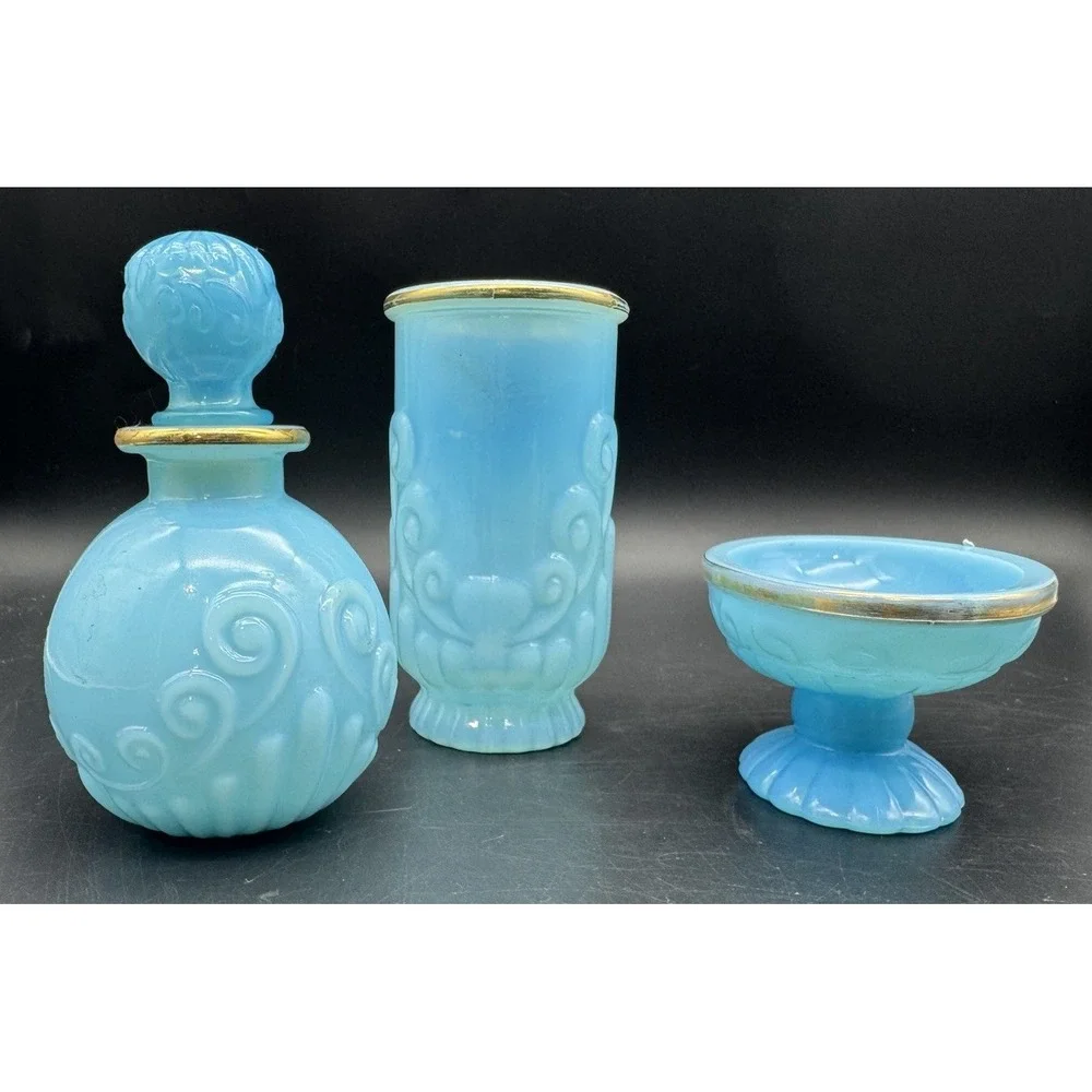 Vintage Avon Blue Milk Glass Vanity Set Decanter Vase Pedestal Dish Gold Trim